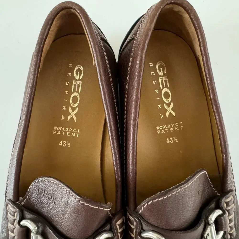 Geox Respira Brown Leather Slip on Shoes Loafer Horsebit Comfort EU 43.5 US 10